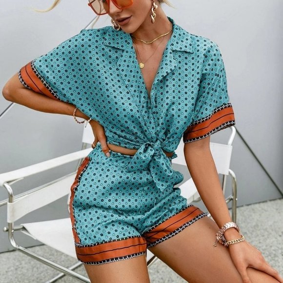 Blue Preppy Womens Allover Print Blouse & Paperbag Waist Shorts Set - Picture 3 of 4